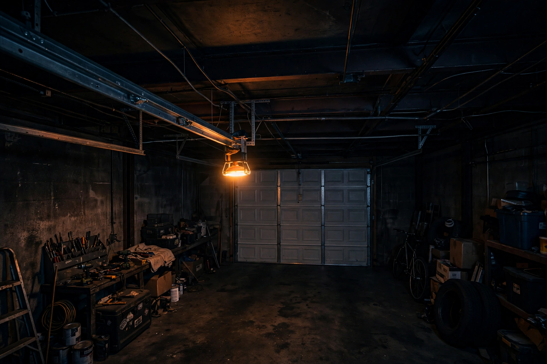 Garage interior at night with the opener rail running across the ceiling