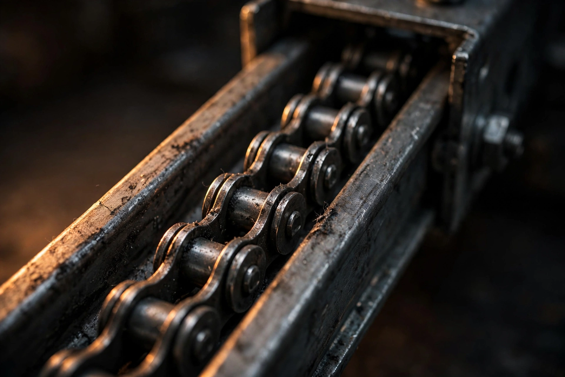 Close-up of a garage door opener chain drive rail catching the worklight