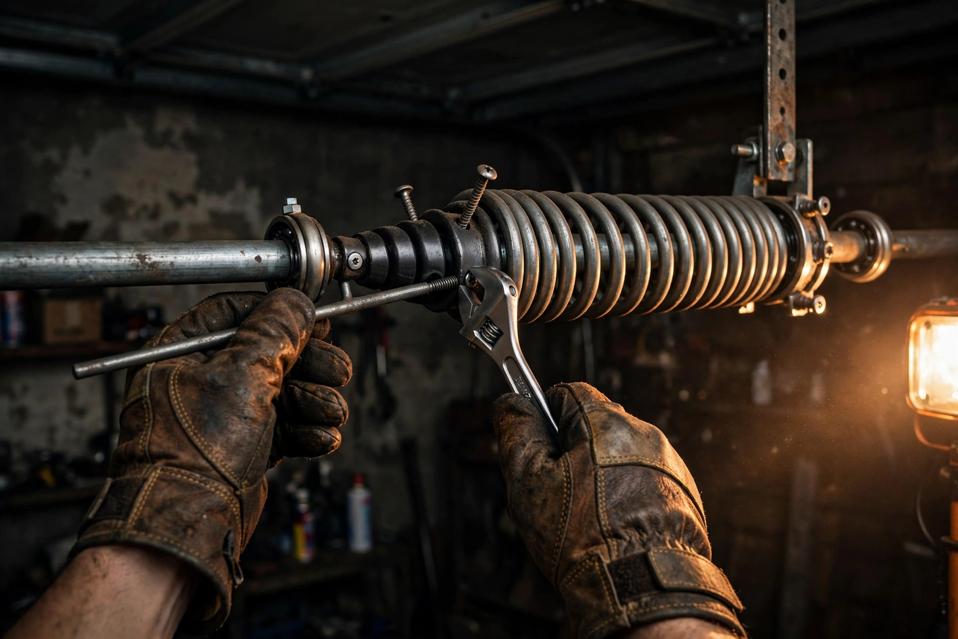 Technician's gloved hands adjusting a garage door torsion spring